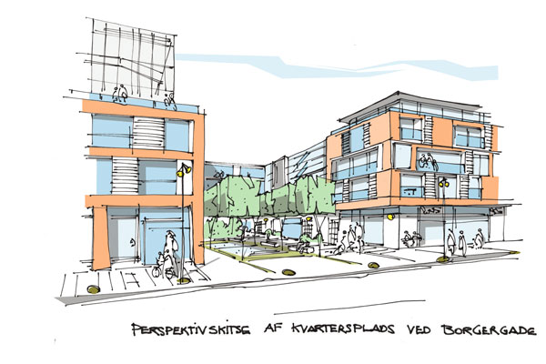 Ny kvartersplads i Borgergade omkranset af nyt byggeri med butiksfacader.